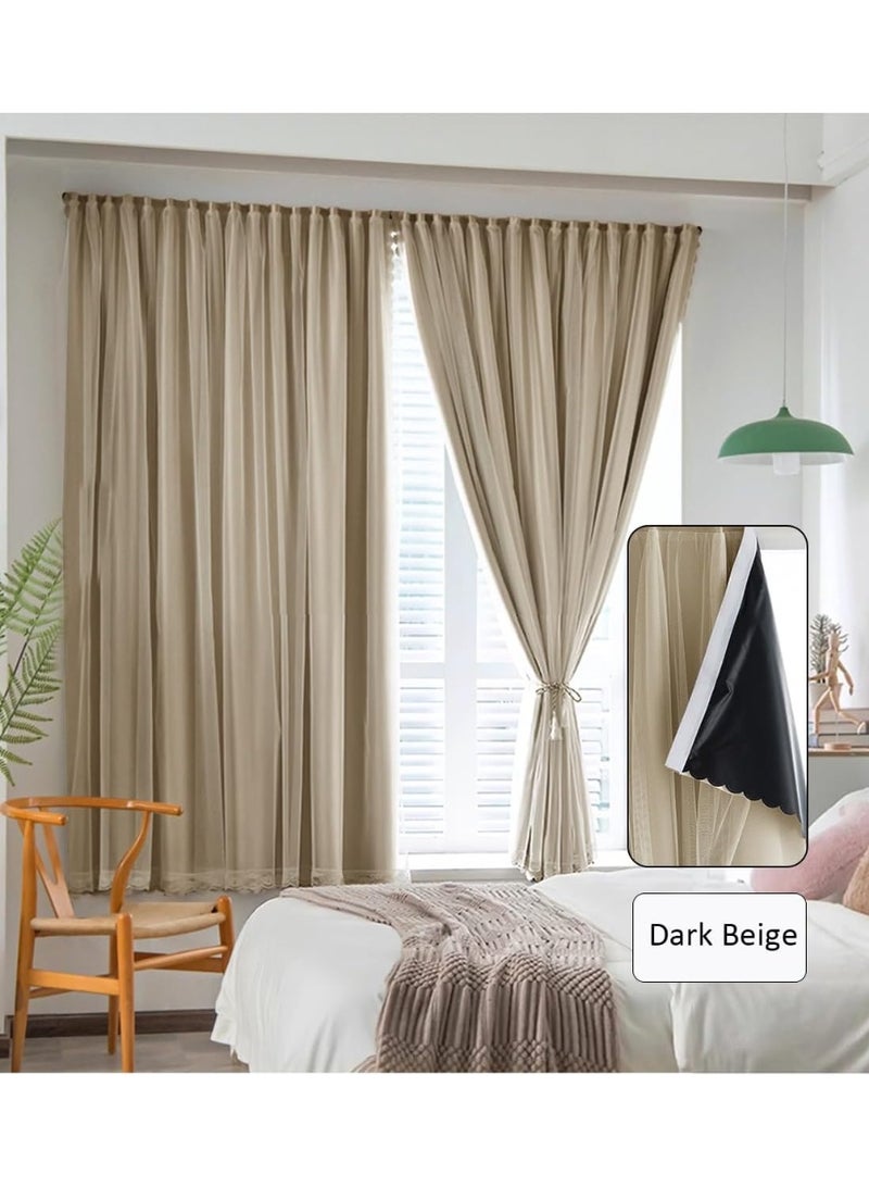 أجريون ستائر فيلكرو مع ستائر شفافة، ستائر بدون حفر، 100% عازلة للضوء، لوح واحد، تناسب نوافذ بعرض 75-100 سم (بيج عرض 150 × ارتفاع 200 سم) - Image 2